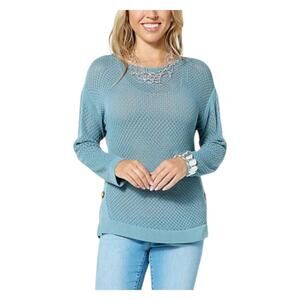 WynneCollection Women's Framed Mesh Sweater Sea Blue - Regular